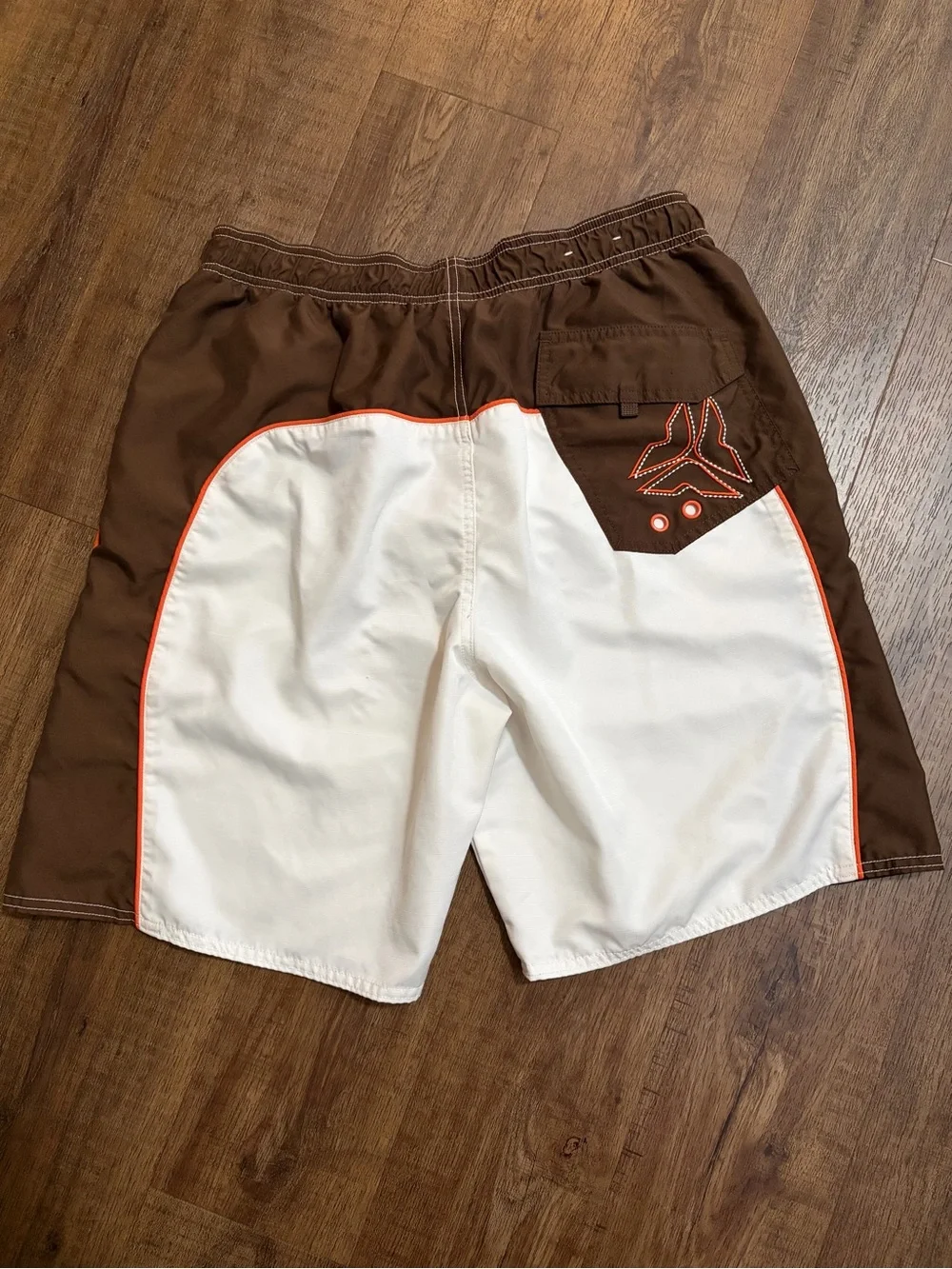 Old Navy White Swim Trunks with Brown Panels and Orange Trim